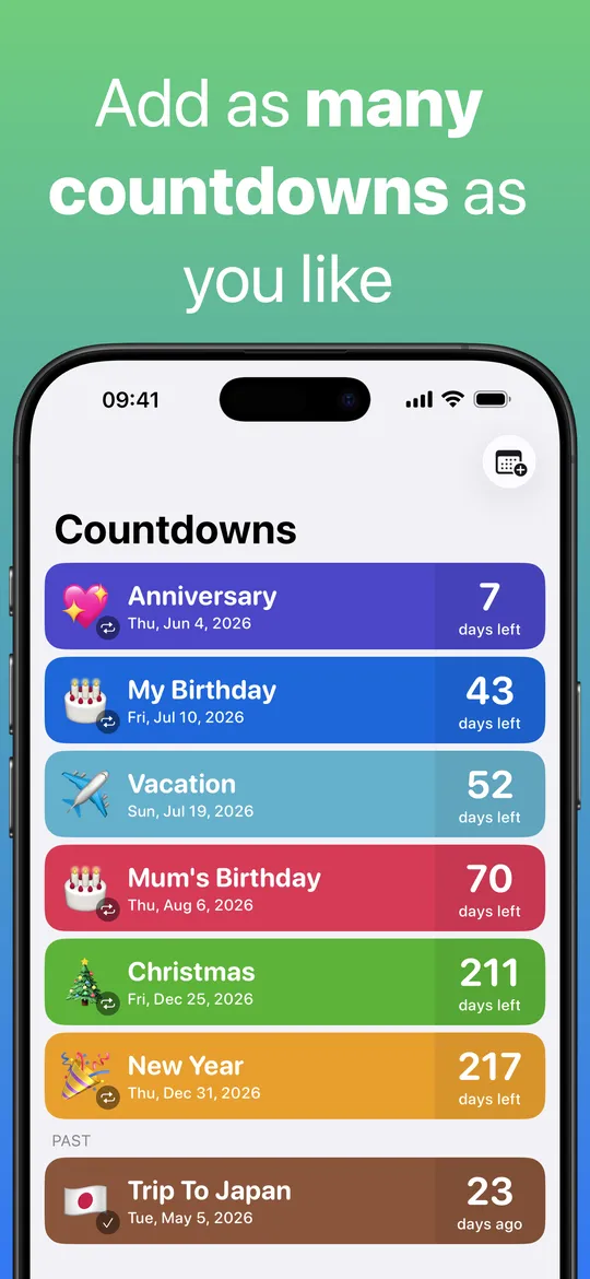 The Countdown list showing an anniversary in 7 days, a birthday in 43 days, a vacation in 52 days, Christmas in 211 days and a past trip to Japan 23 days ago.