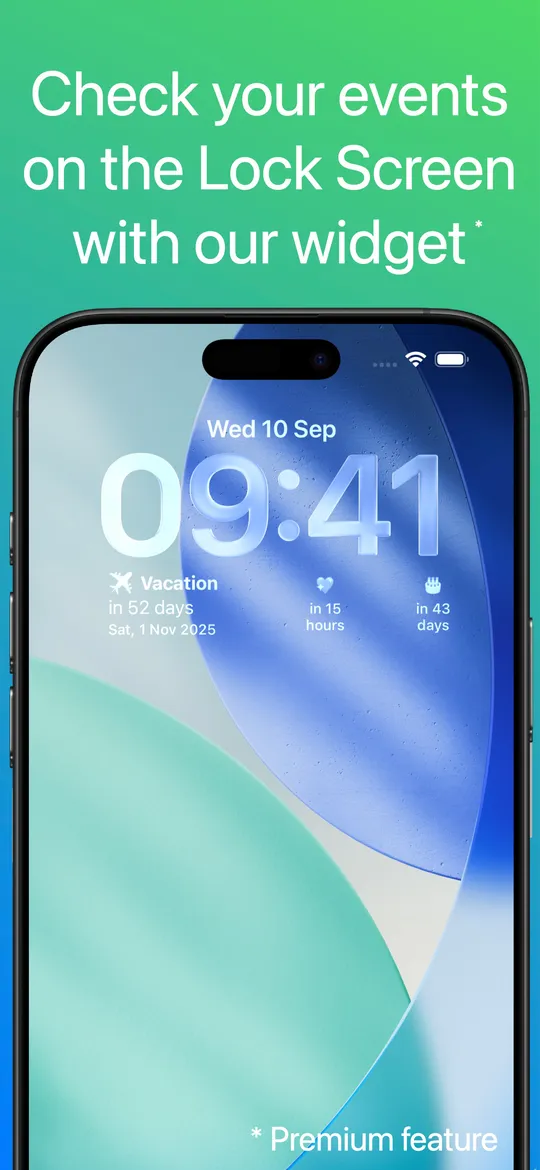 An iPhone Lock Screen with a Countdown widget under the clock showing a vacation in 52 days.