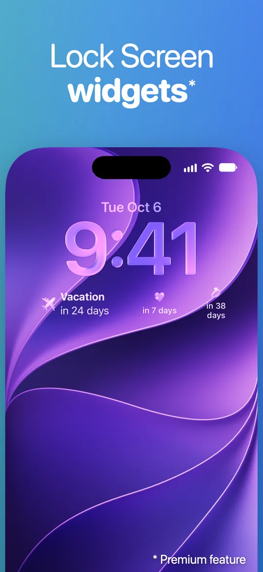Lock Screen ng iPhone na may mga widget ng Countdown sa ilalim ng orasan: Vacation sa loob ng 24 na araw at dalawa pang event sa loob ng 7 at 38 araw.