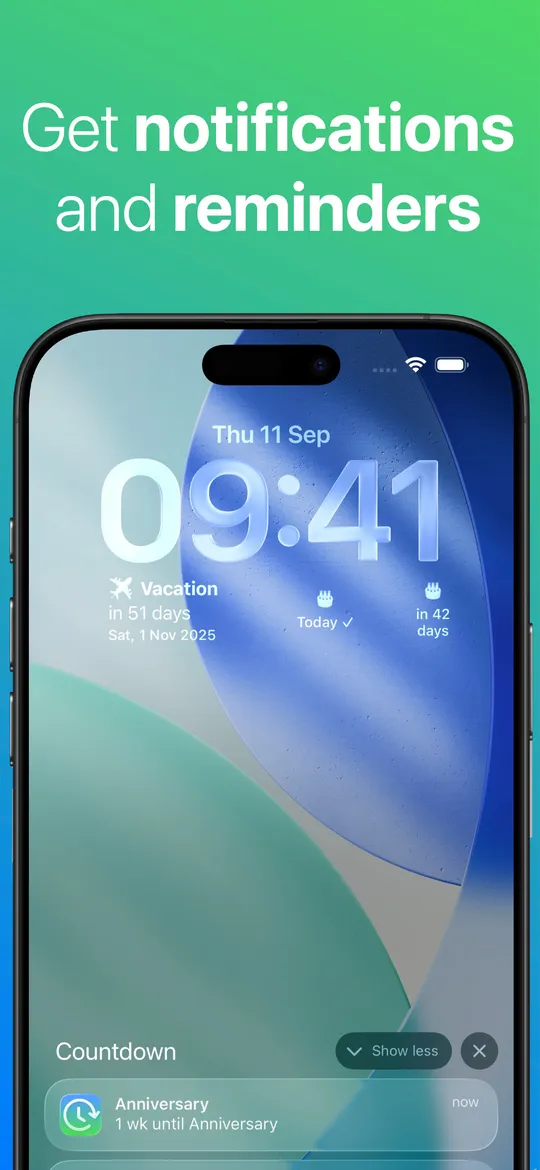 A Countdown notification arriving on the Lock Screen one week before an anniversary.