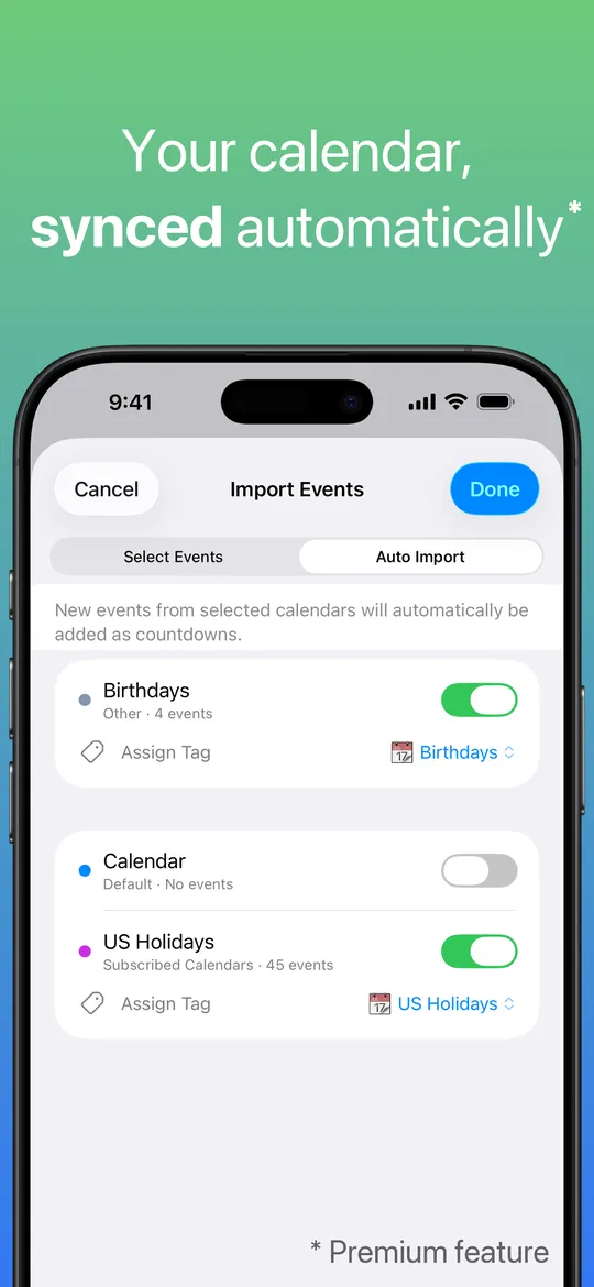 The Import Events screen with Auto Import switched on for the Birthdays and US Holidays calendars.