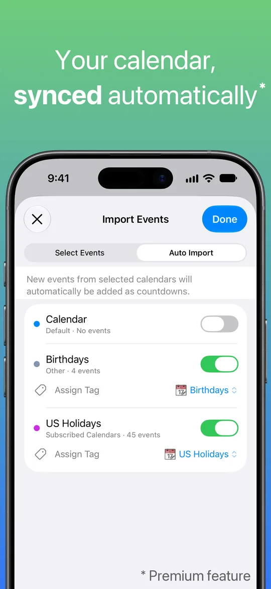 Ang screen na Import Events na naka-on ang Auto Import para sa mga kalendaryong Birthdays at US Holidays.