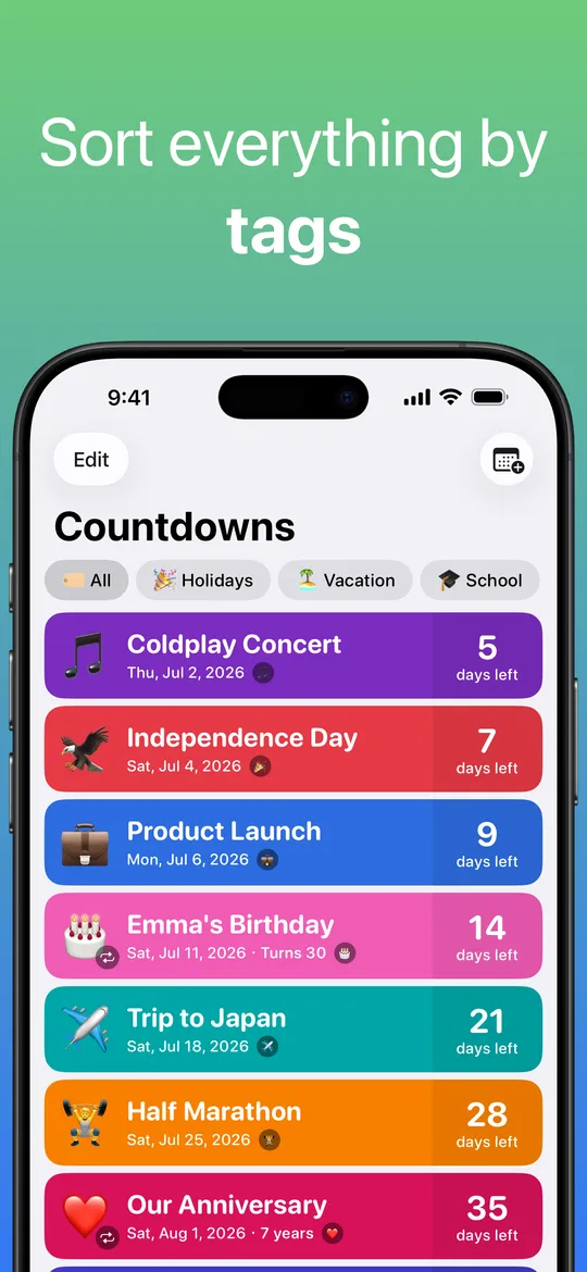 The countdown list filtered by tags: Holidays, Vacation and School.