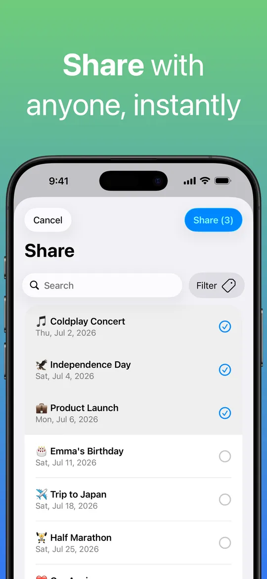 The Share screen with three countdowns selected and a Share button showing the count.
