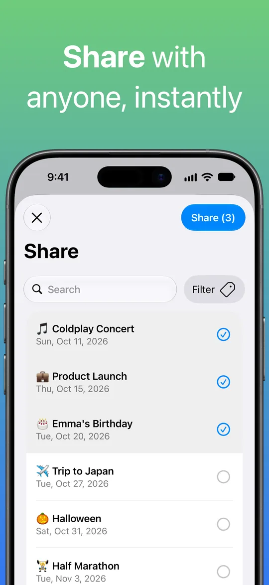 Ang screen na Share na may napiling Coldplay Concert, Product Launch at Emma’s Birthday, at button na Share (3) para sa tatlo.