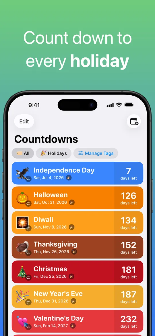 A list of holidays including Independence Day, Halloween, Diwali, Thanksgiving, Christmas and New Year's Eve with the days left.