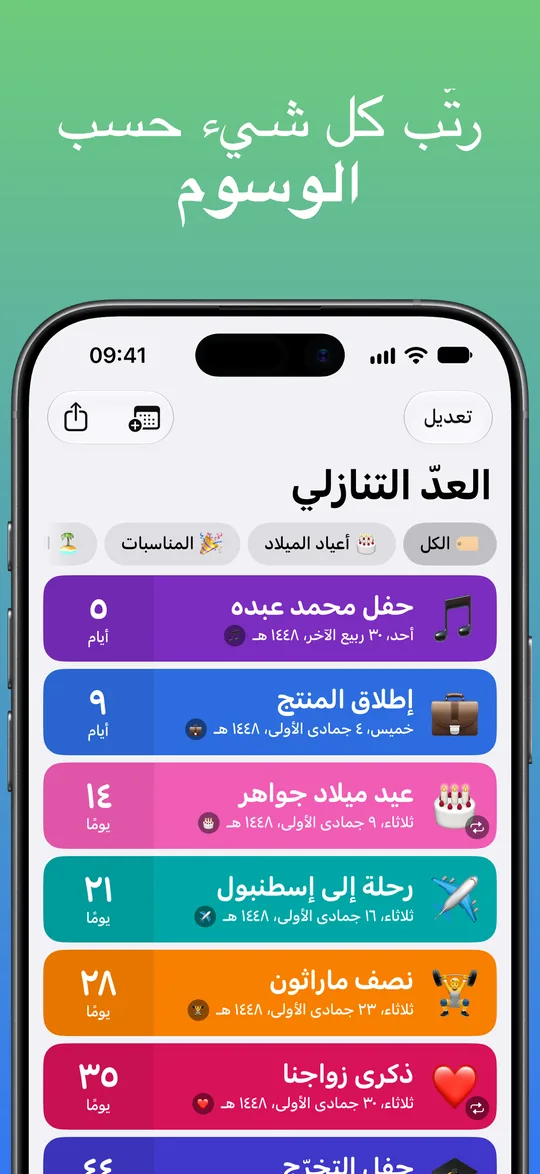 قائمة العدّ التنازلي وفوقها وسوم التصفية (الكل، أعياد الميلاد، المناسبات): حفل محمد عبده، وإطلاق المنتج، وعيد ميلاد جواهر، ورحلة إلى إسطنبول، ونصف ماراثون، وذكرى زواجنا.