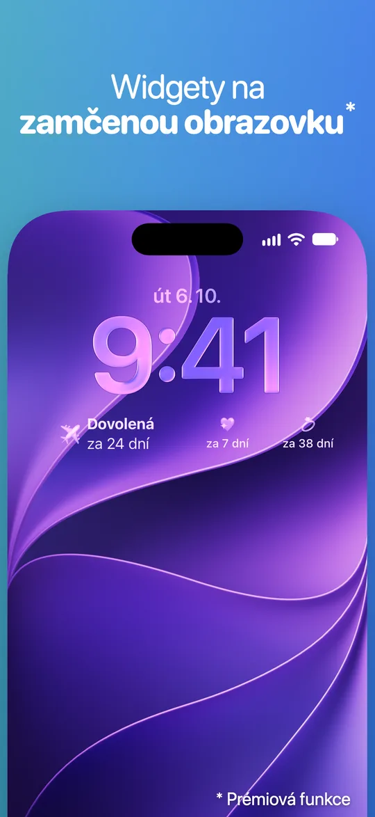 Widgety Countdown na zamčené obrazovce iPhonu pod hodinami: Dovolená za 24 dní a dvě další události za 7 a 38 dní.