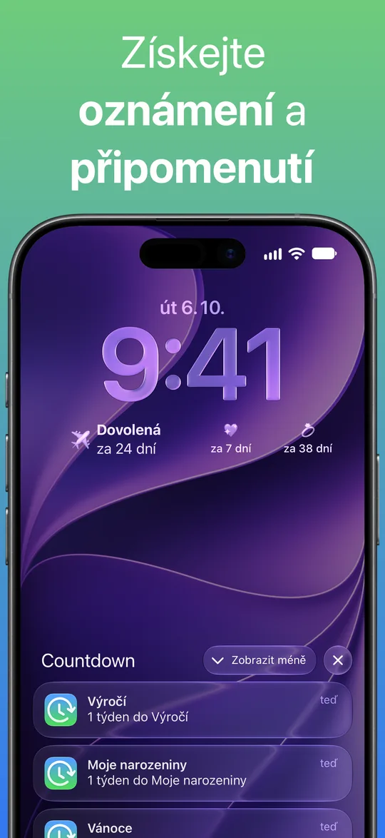 Oznámení Countdown na zamčené obrazovce: „1 týden do Výročí“, „1 týden do Moje narozeniny“ a další o Vánocích.