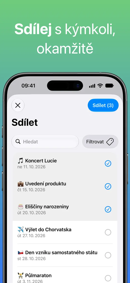 Obrazovka Sdílet s vybranými událostmi Koncert Lucie, Uvedení produktu a Eliščiny narozeniny a tlačítkem Sdílet (3).
