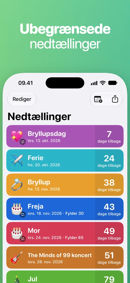 Countdown-listen: Bryllupsdag om 7 dage, Ferie om 24, Bryllup om 38, Freja om 43 (fylder 30), Mor om 49 (fylder 65) og The Minds of 99 koncert om 51.