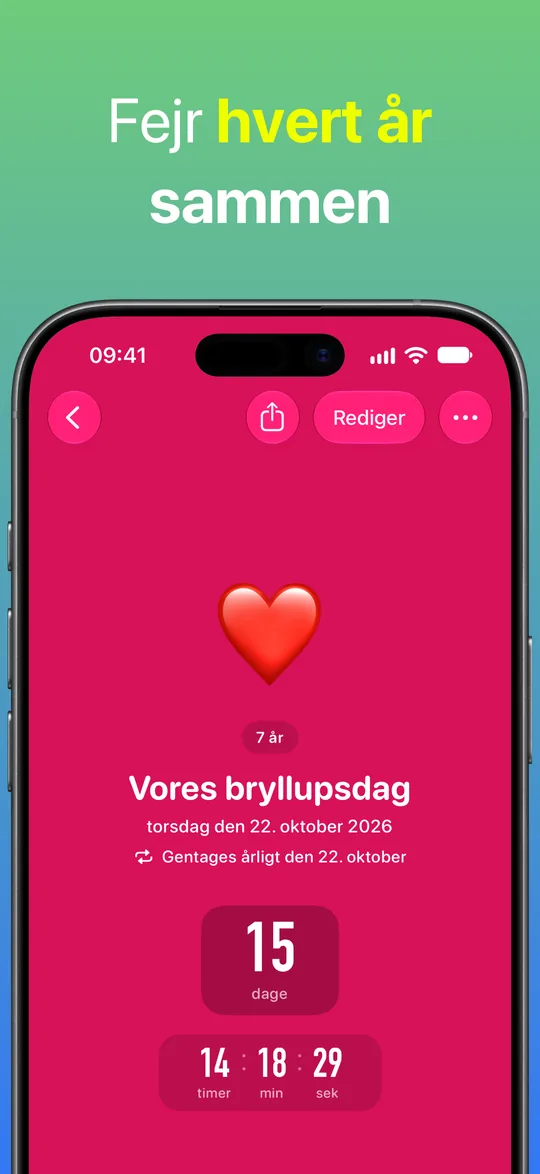 En rød nedtælling til Vores bryllupsdag, der gentages årligt den 22. oktober: 7 år sammen og 15 dage tilbage.