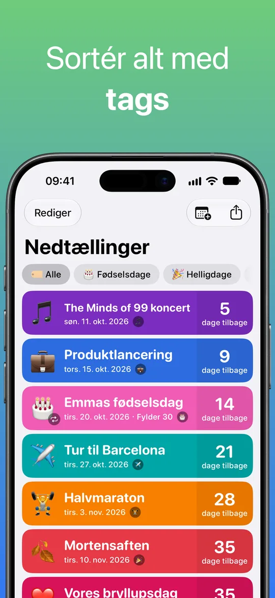 Nedtællingslisten med tagfiltrene Fødselsdage og Helligdage over The Minds of 99 koncert, Produktlancering, Emmas fødselsdag, Tur til Barcelona, Halvmaraton og Mortensaften.