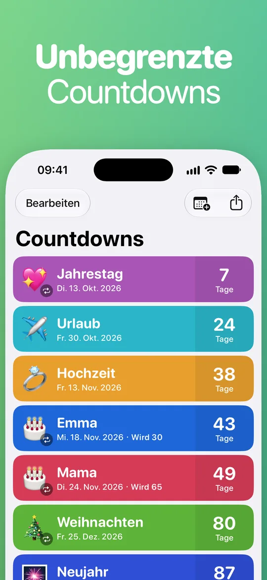 Die Countdown-Liste: Jahrestag in 7 Tagen, Urlaub in 24, Hochzeit in 38, Emma in 43 (wird 30), Mama in 49 (wird 65) und Weihnachten in 80 Tagen.