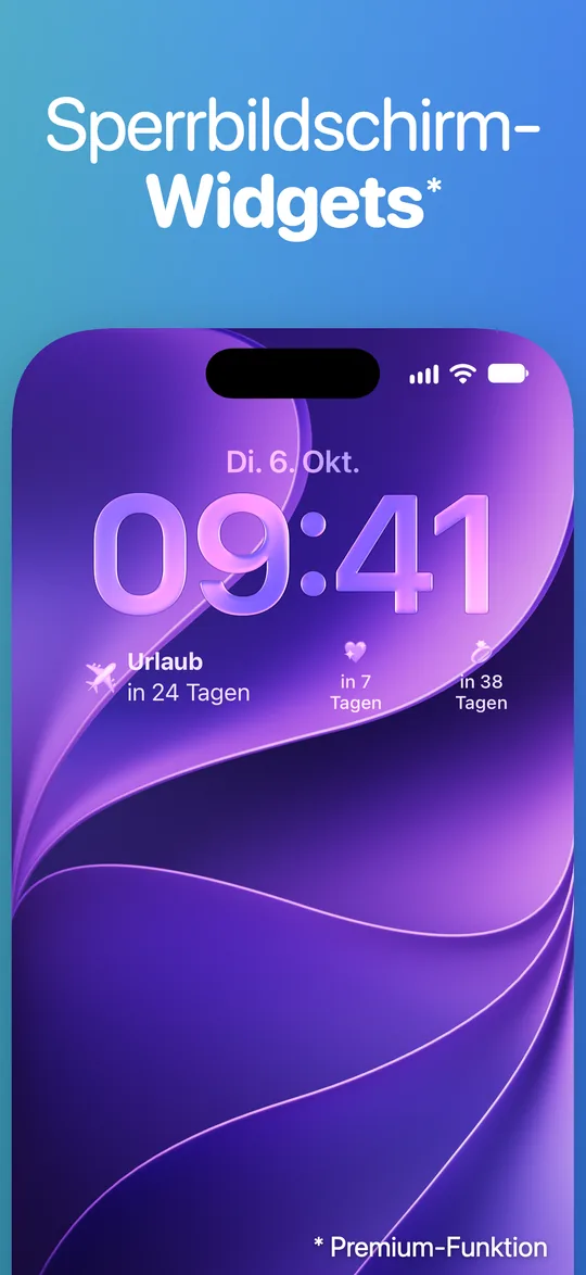 Ein iPhone-Sperrbildschirm mit Countdown-Widgets unter der Uhr: Urlaub in 24 Tagen und zwei weitere Ereignisse in 7 und 38 Tagen.