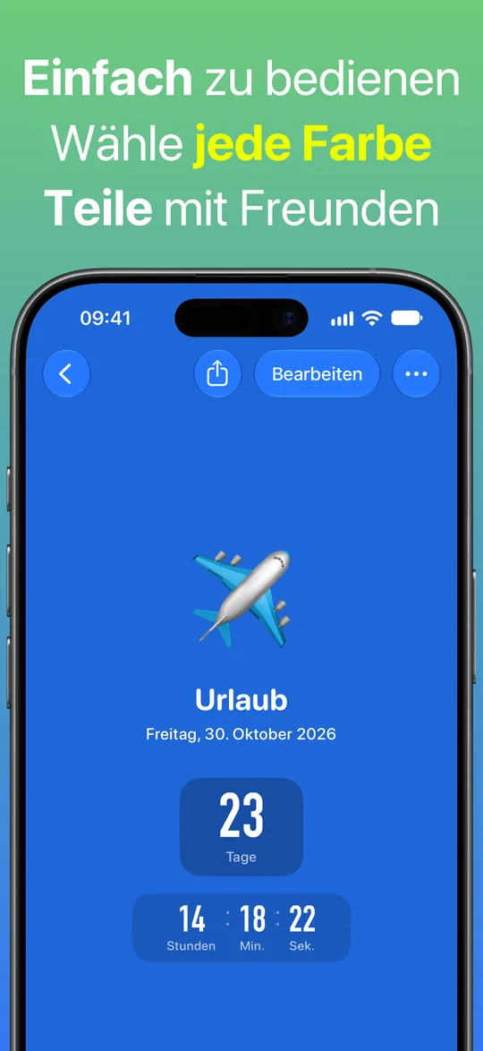 Ein Urlaubs-Countdown auf blauem Hintergrund: 23 Tage, 14 Stunden, 18 Minuten und 22 Sekunden bis Freitag, 30. Oktober 2026.