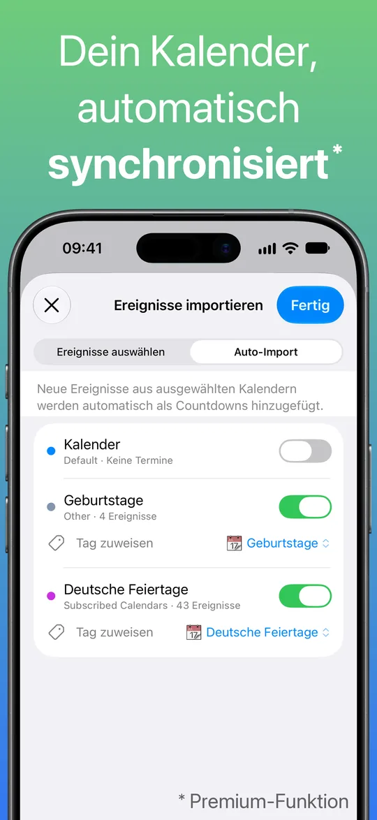 Der Bildschirm „Ereignisse importieren“ mit aktiviertem Auto-Import für die Kalender „Geburtstage“ und „Deutsche Feiertage“.