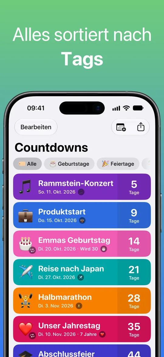 Die Countdown-Liste mit den Tag-Filtern Geburtstage und Feiertage über Rammstein-Konzert, Produktstart, Emmas Geburtstag, Reise nach Japan, Halbmarathon und Unser Jahrestag.
