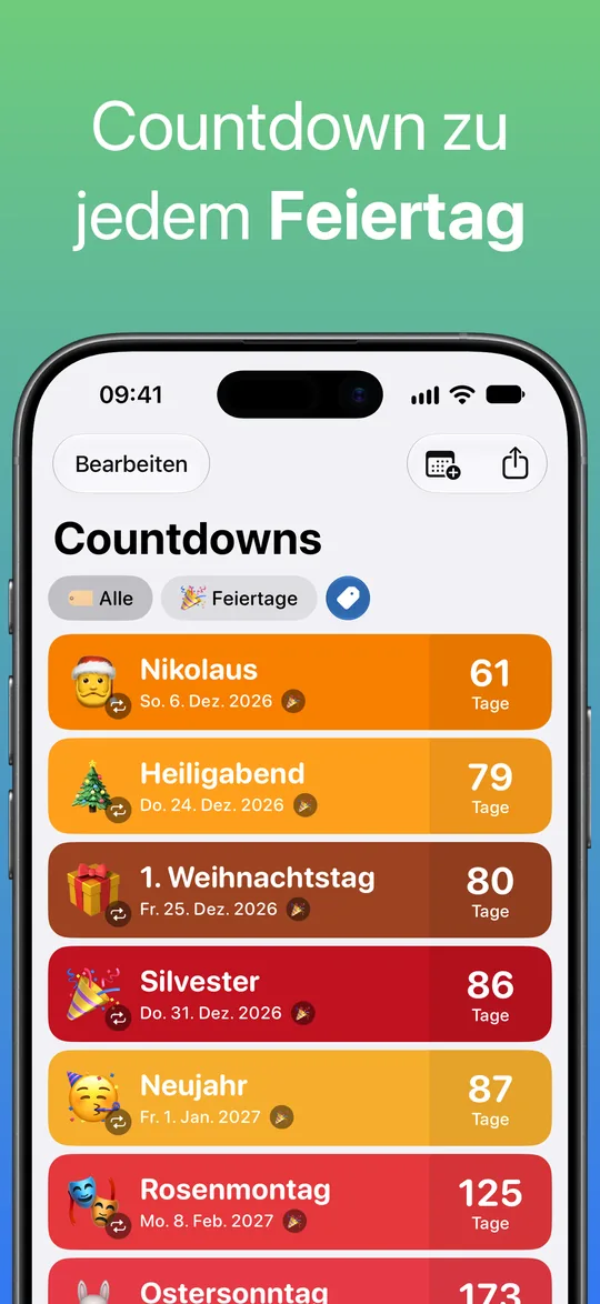 Eine Liste, gefiltert nach dem Tag „Feiertage“: Nikolaus, Heiligabend, 1. Weihnachtstag, Silvester, Neujahr und Rosenmontag mit den verbleibenden Tagen.