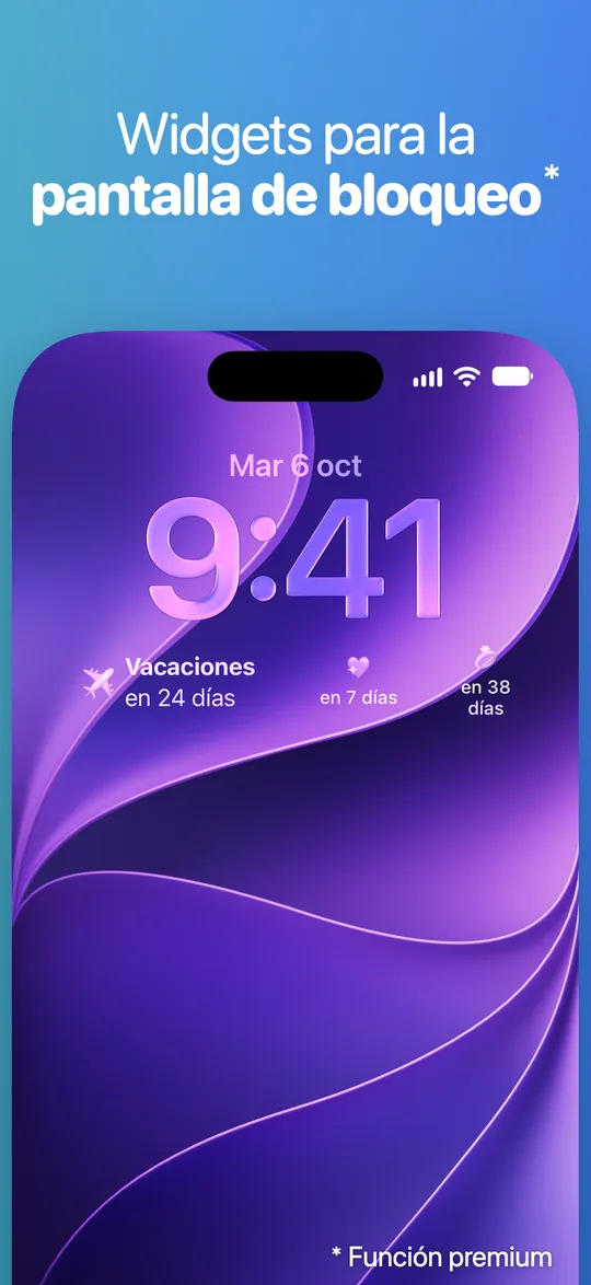 Una pantalla de bloqueo de iPhone con widgets de Countdown debajo del reloj: vacaciones en 24 días y otros dos eventos en 7 y 38 días.