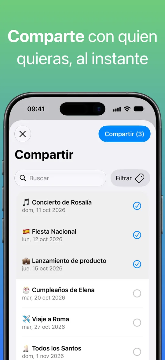 La pantalla para compartir con un concierto de Rosalía, la Fiesta Nacional y un lanzamiento de producto seleccionados, y un botón para compartir los tres.