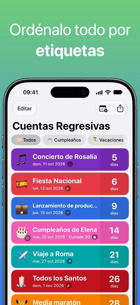 La lista de cuentas atrás con los filtros por etiqueta Cumpleaños y Vacaciones sobre un concierto, la Fiesta Nacional y un lanzamiento de producto.