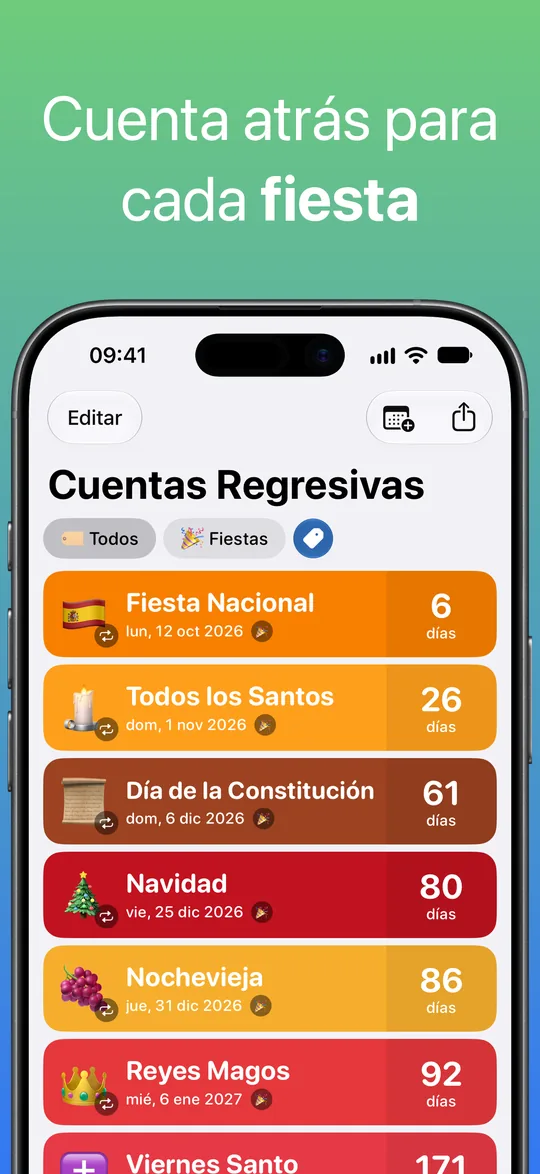 Una lista filtrada por la etiqueta Fiestas: Fiesta Nacional, Todos los Santos, Día de la Constitución, Navidad, Nochevieja y Reyes Magos, con los días que faltan.