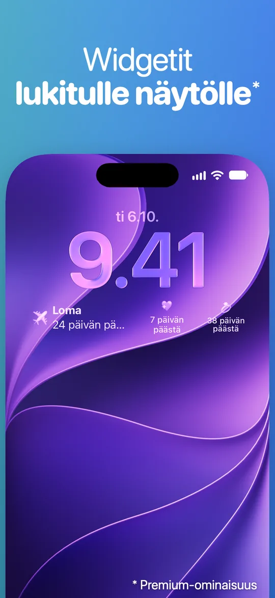 Countdown-widgetit iPhonen lukitulla näytöllä kellon alla: Loma 24 päivän päästä.