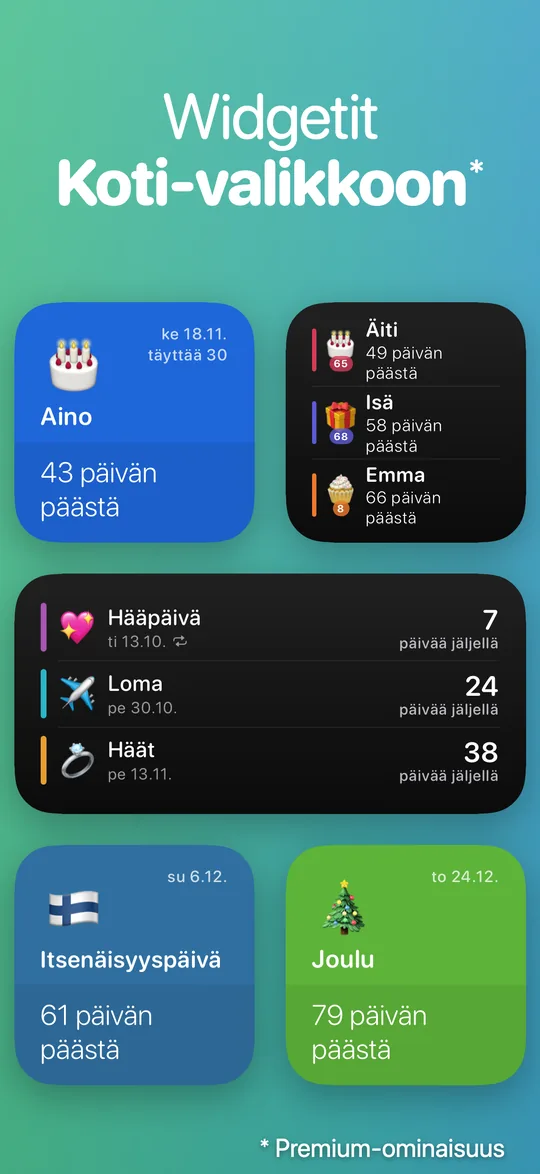 Countdown-widgetit kolmessa koossa: Aino 43 päivän päästä; Äiti, Isä ja Emma 49, 58 ja 66 päivän päästä; Hääpäivä, Loma ja Häät, 7, 24 ja 38 päivää jäljellä; Itsenäisyyspäivä 61 ja Joulu 79 päivän päästä.