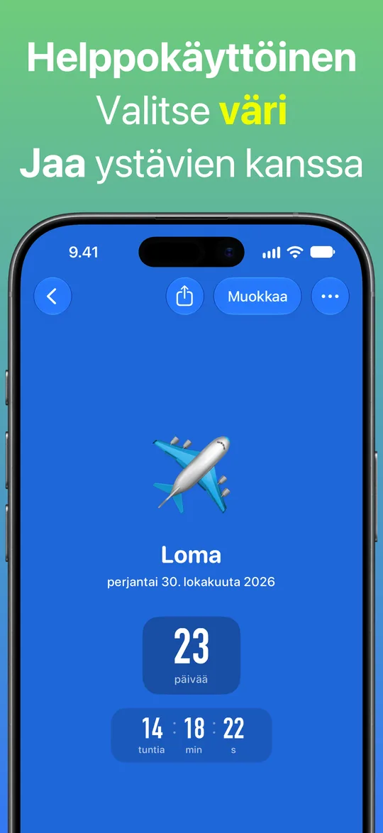 Loma-lähtölaskenta sinisellä taustalla: perjantaihin 30. lokakuuta 2026 on 23 päivää, 14 tuntia, 18 minuuttia ja 22 sekuntia.