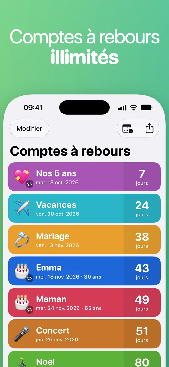 La liste Countdown : Nos 5 ans dans 7 jours, Vacances dans 24, Mariage dans 38, Emma (30 ans) dans 43, Maman (65 ans) dans 49, Concert dans 51 et Noël dans 80.