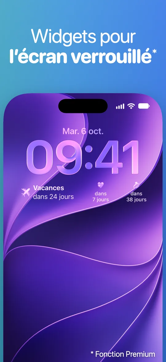 Un écran verrouillé d’iPhone avec des widgets Countdown sous l’heure : Vacances dans 24 jours et deux autres événements dans 7 et 38 jours.