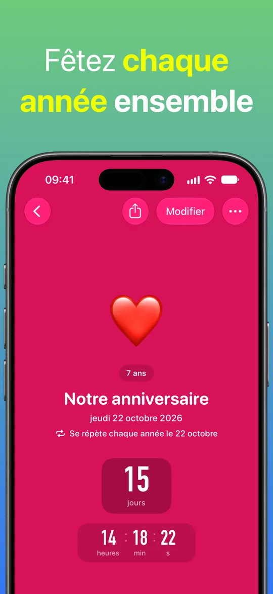 Le compte à rebours rouge Notre anniversaire, 7 ans, qui se répète chaque année le 22 octobre : encore 15 jours, 14 heures, 18 minutes et 22 secondes.
