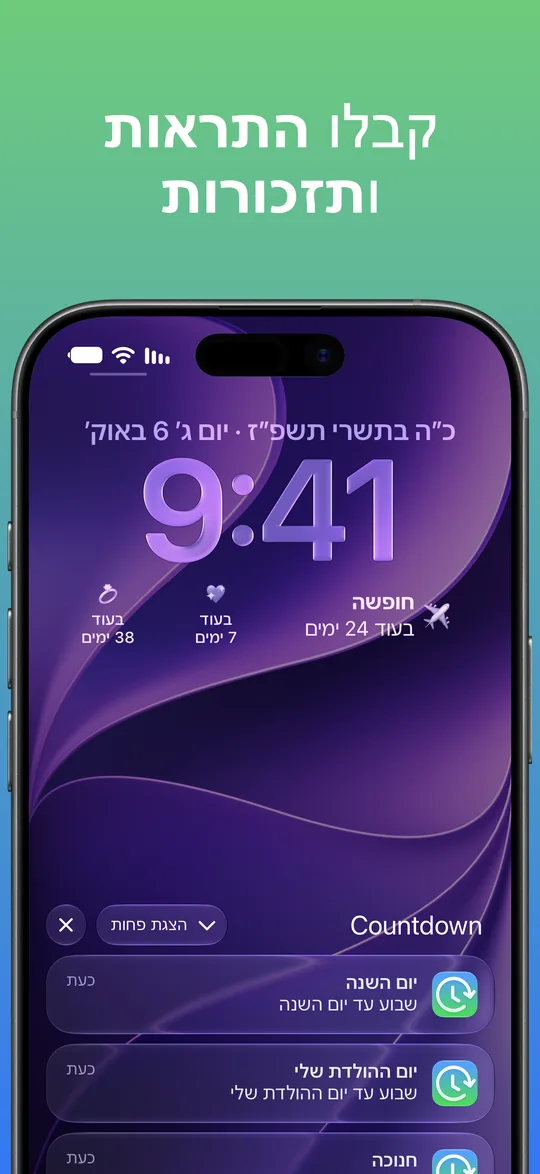 התראות של Countdown במסך הנעילה: ״שבוע עד יום השנה״, ״שבוע עד יום ההולדת שלי״ והתראה נוספת לחנוכה.