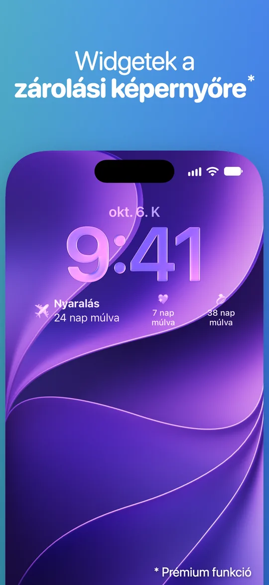 iPhone Zárolási képernyő, okt. 6., kedd, 9:41: az óra alatt Countdown-widgetek – nyaralás 24 nap múlva, és még két esemény 7 és 38 nap múlva.