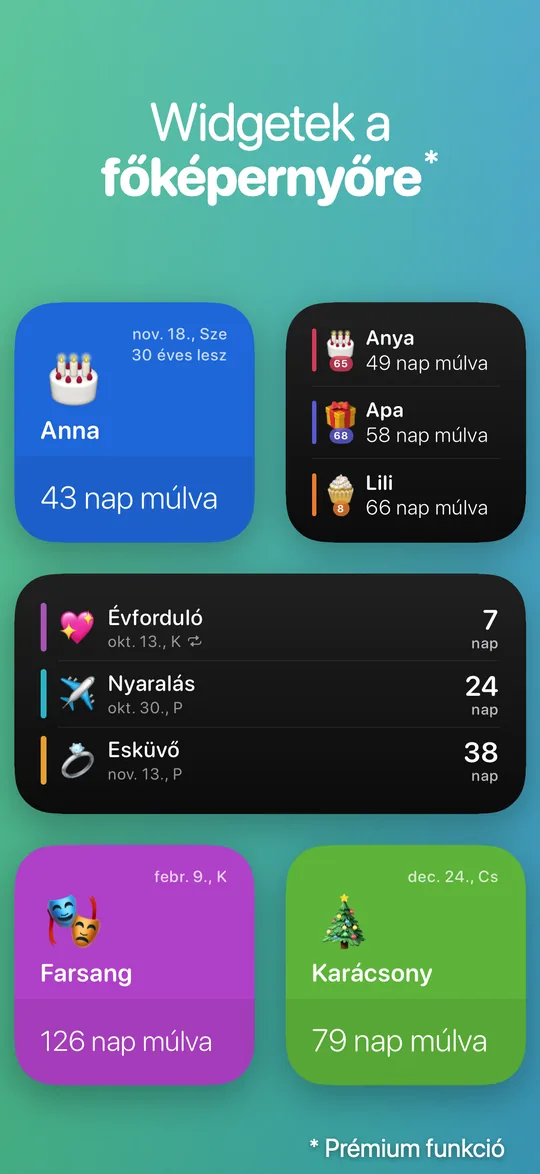 Countdown-widgetek három méretben: Anna 43 nap múlva; Anya, Apa és Lili születésnapja 49, 58 és 66 nap múlva; évforduló, nyaralás és esküvő 7, 24 és 38 nap múlva; farsang 126 nap múlva és karácsony 79 nap múlva.