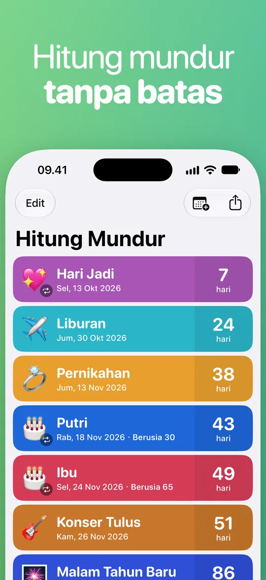 Daftar Countdown: Hari Jadi dalam 7 hari, Liburan dalam 24, Pernikahan dalam 38, Putri (berusia 30) dalam 43, Ibu (berusia 65) dalam 49, dan Konser Tulus dalam 51 hari.