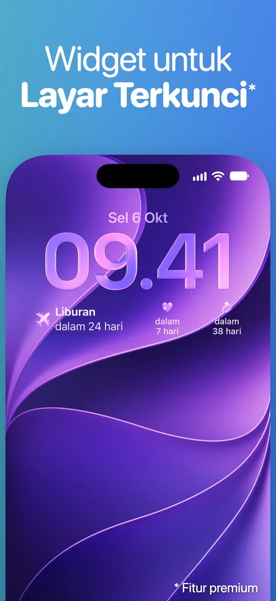 Layar Terkunci iPhone dengan widget Countdown di bawah jam: Liburan dalam 24 hari, serta dua acara lain dalam 7 dan 38 hari.