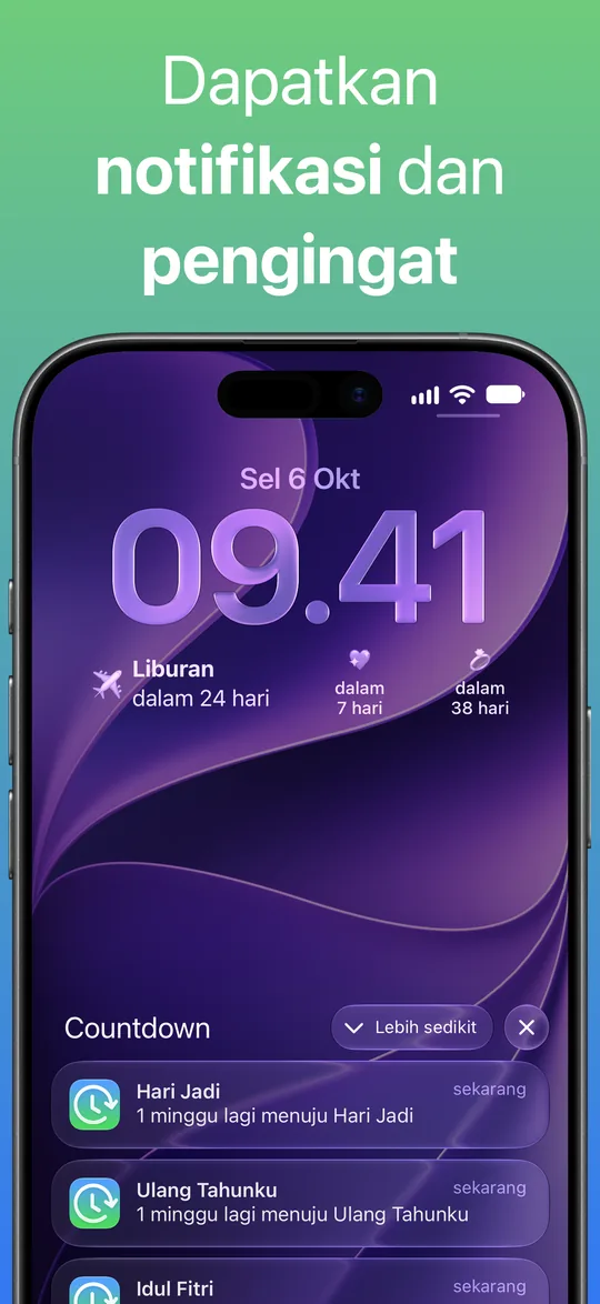 Notifikasi Countdown di Layar Terkunci, 1 minggu sebelum Hari Jadi dan Ulang Tahunku, dengan notifikasi Idul Fitri di bawahnya.