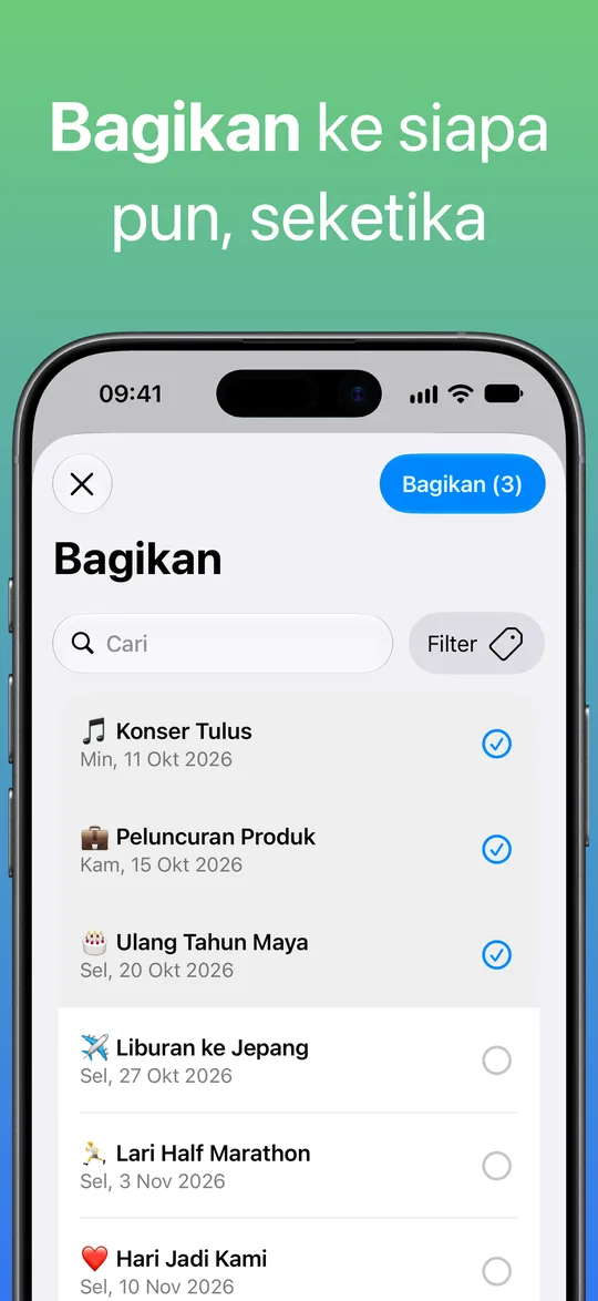 Layar Bagikan dengan Konser Tulus, Peluncuran Produk, dan Ulang Tahun Maya terpilih, serta tombol Bagikan (3) untuk ketiganya.