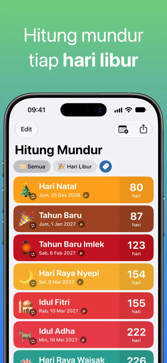 Daftar yang difilter dengan tag Hari Libur: Hari Natal, Tahun Baru, Tahun Baru Imlek, Hari Raya Nyepi, Idul Fitri, dan Idul Adha, dengan sisa harinya.