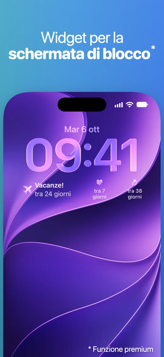 Una schermata di blocco di iPhone con i widget di Countdown sotto l’ora: Vacanze! tra 24 giorni e altri due eventi tra 7 e 38 giorni.