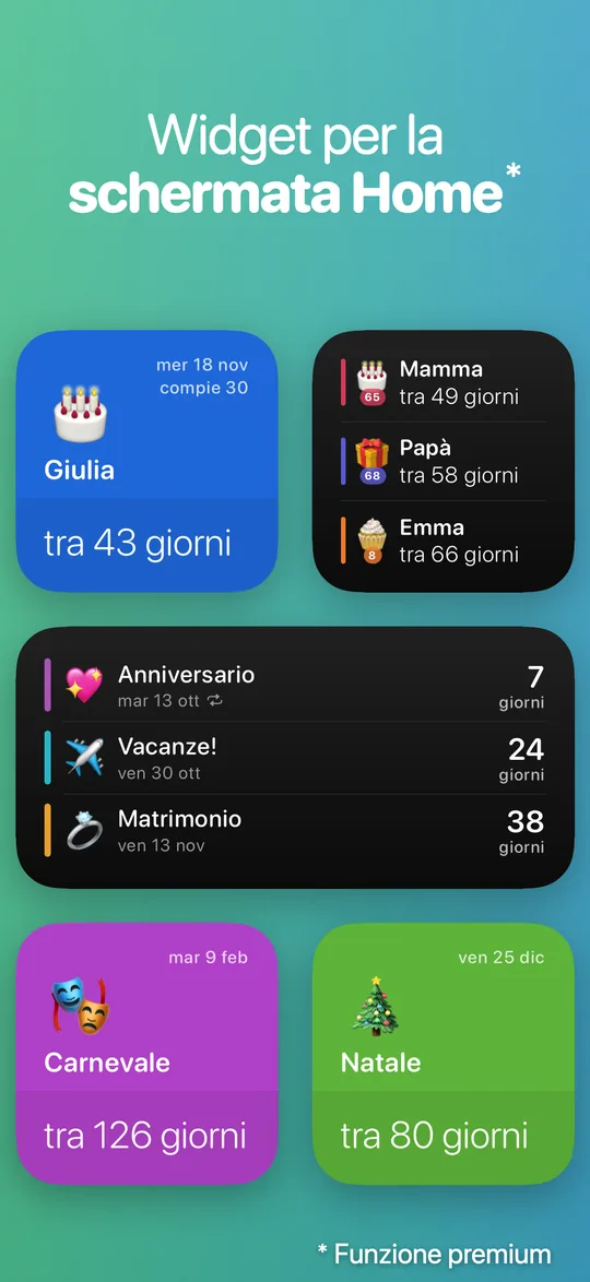 Widget di Countdown in tre dimensioni: Giulia (compie 30 anni) tra 43 giorni, i compleanni di Mamma, Papà ed Emma, i tre prossimi eventi, Carnevale tra 126 giorni e Natale tra 80.