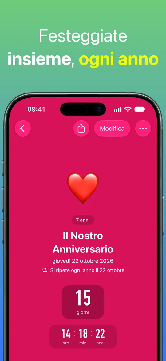Il conto alla rovescia rosso Il Nostro Anniversario, 7 anni, che si ripete ogni anno il 22 ottobre: mancano 15 giorni, 14 ore, 18 minuti e 22 secondi.