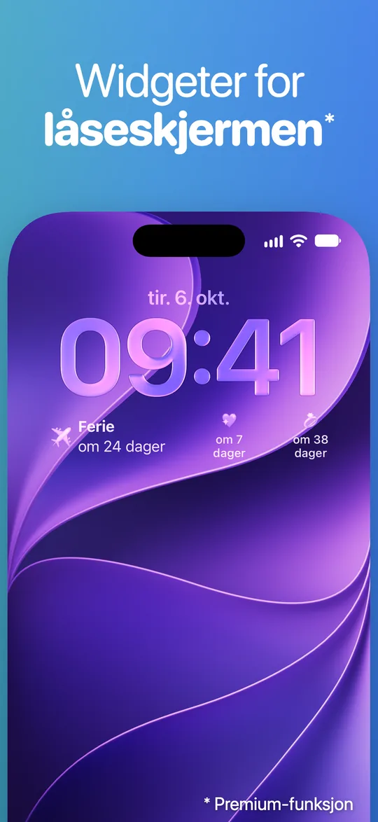 En låseskjerm på iPhone med Countdown-widgeter under klokken: Ferie om 24 dager og to hendelser om 7 og 38 dager.