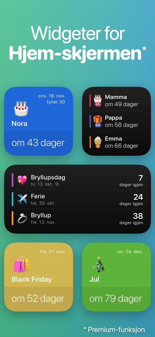 Countdown-widgeter på Hjem-skjermen til en iPhone: Nora fyller 30 om 43 dager, Black Friday om 52 dager og Jul om 79 dager.