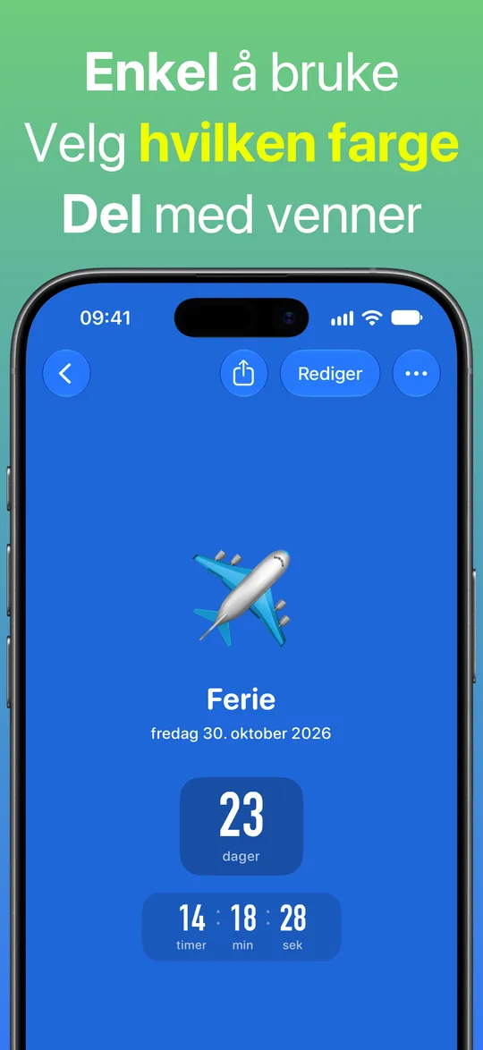 En nedtelling for Ferie på blå bakgrunn: 23 dager, 14 timer, 18 minutter og 28 sekunder igjen til fredag 30. oktober 2026.