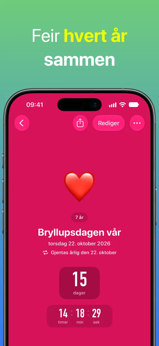 En rød nedtelling for Bryllupsdagen vår, som gjentas årlig den 22. oktober, med merket «7 år» og 15 dager igjen.