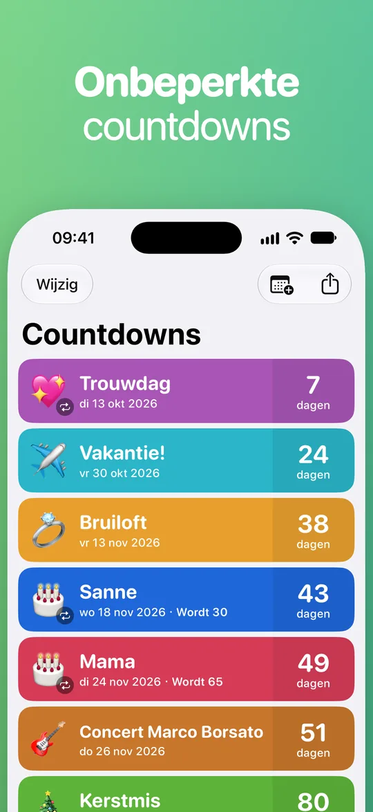 De Countdown-lijst: Trouwdag over 7 dagen, Vakantie! over 24, Bruiloft over 38, Sanne over 43 (wordt 30), Mama over 49 (wordt 65) en Concert Marco Borsato over 51.