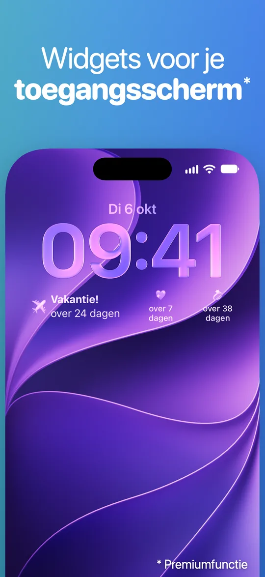 Countdown-widgets onder de klok op het toegangsscherm van een iPhone: Vakantie! over 24 dagen.